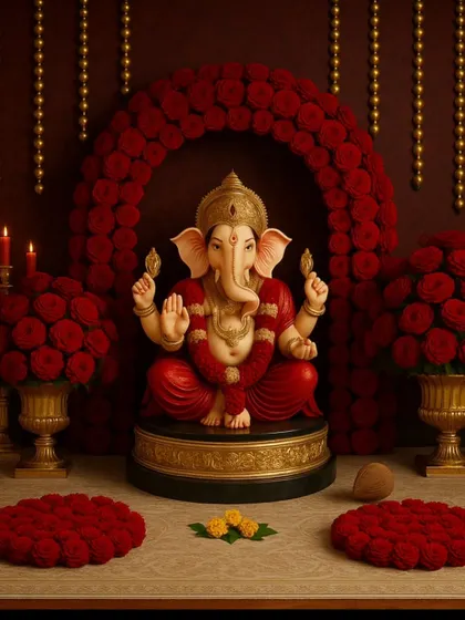 A deep and passionate all-red Ganpati setup. The idol is placed within a floral arch of red roses, complemented by matching flower arrangements in traditional vases, creating a powerful and devotional mood.