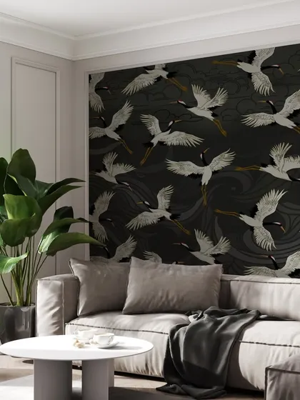 Our Japanese Flying Cranes wallpaper provides a stunning and dramatic backdrop for this modern living room. The design adds a layer of artistry and elegance to the space.