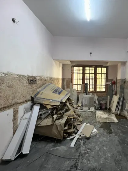 The kitchen during the renovation phase, a blank slate ready for its stylish and functional makeover.