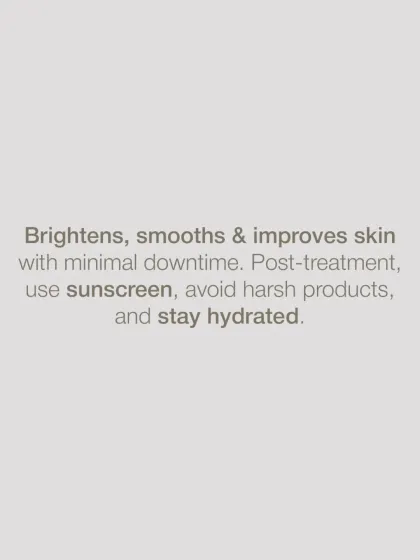 This text highlights the results and post-care for a MiraPeel. The treatment brightens and smooths the skin with minimal downtime. I always advise patients to use sunscreen, avoid harsh products, and stay hydrated post-treatment.