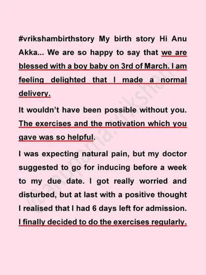 This mother was worried when her doctor suggested induction, but she used the 6 days she had to practice her exercises regularly, which helped her go into labor naturally.