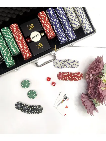 Another view of the complete poker set, showcasing the different chip colors and the sleek metal case. It's a stylish and functional gift that promises hours of fun.