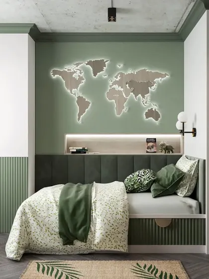 This travel-themed kid's bedroom features a large wooden world map with backlighting as a headboard. The green and wood tones create a natural and adventurous feel.