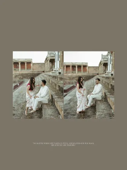 A diptych from a pre-wedding album, showing the couple seated on the steps of an ancient temple, sharing a quiet, meaningful conversation.