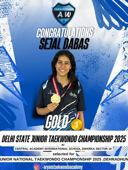 Sejal Dabas with her Gold Medal from the Delhi State Junior Taekwondo Championship 2025.