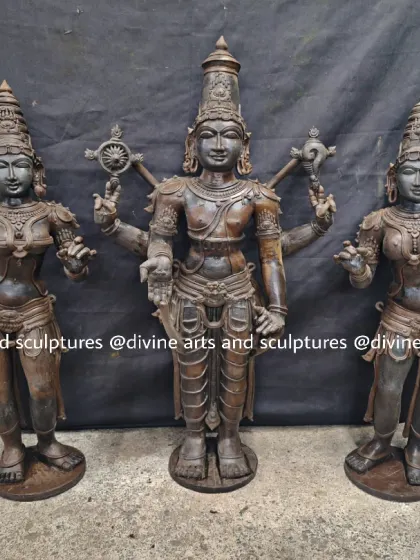 A full view of the wax models for Sri Vishnu with Sridevi and Bhoodevi. This stage allows us to perfect the proportions and the spiritual essence of the deities before the casting process begins.