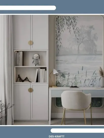 A functional and stylish study area with a large art piece, a simple desk, and integrated shelving for books and decor.