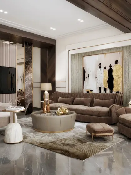 A cozy yet sophisticated living room in shades of brown and beige. This render focuses on the comfortable arrangement of furniture and the interplay of different textures and finishes.