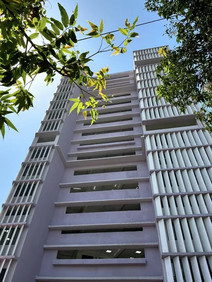 The facade of the Multipurpose Working Women’s Housing, a project developed through our Gender Advisory Committee with the MCGM. The vertical fins and staggered balconies are designed to ensure privacy while maximizing natural light and ventilation for the residents.