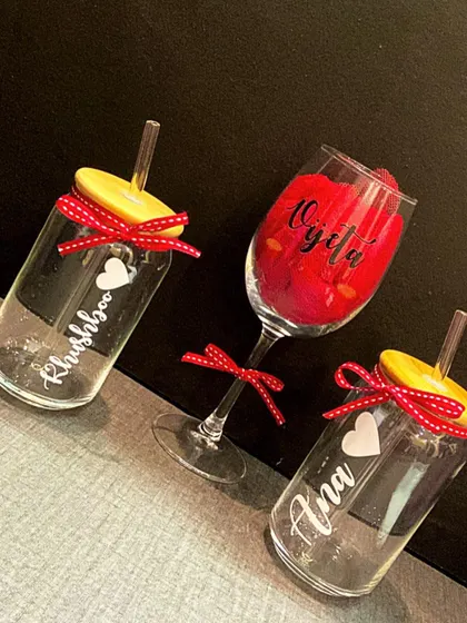 We can create beautiful gift sets, like these personalised can glasses and a matching wine glass, all tied with a festive ribbon.