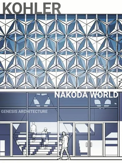 This conceptual facade design for the Kohler and Nakoda World retail building features a complex, geometric pattern. The design provides a strong visual identity while also acting as a screen to modulate light entering the building.