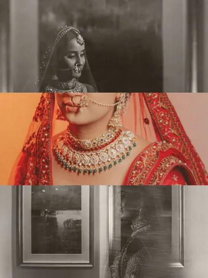 A collage of artistic bridal portraits, using color overlays and motion blur to create a unique and modern aesthetic.