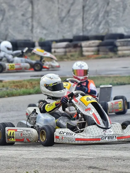 Close on-track action from the Meco Meritus Cup, with drivers in CIK-FIA approved OK-Junior karts.