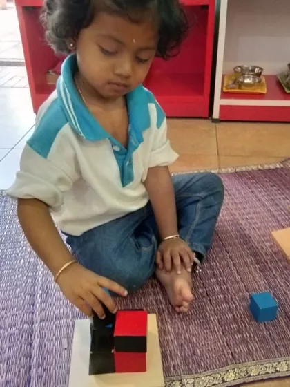 Even our youngest children are drawn to the Binomial Cube. The colors and shapes invite exploration, and through this 'play', the child is developing visual acuity and an understanding of spatial relationships.