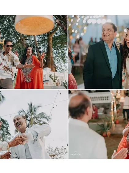 A collage capturing the bride's joyful interactions with her parents. These candid shots are full of laughter and love, highlighting the beautiful family bonds that are so central to a wedding.