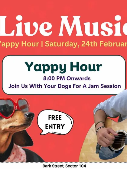 Yappy Hour jam session! A fun poster for our Saturday live music night, inviting everyone to groove with their dogs.
