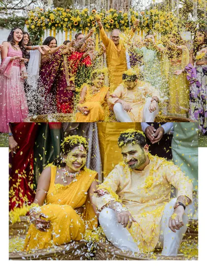 A collage showing the grand finale of the Haldi. The couple sits together as family and friends shower them with a cascade of flower petals.