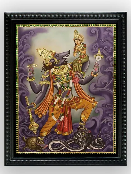 The framed Varaha Lakshmi Tanjore painting, a masterpiece of devotion and artistry. The classic frame enhances the dramatic and powerful imagery of the artwork, making it ready for display.