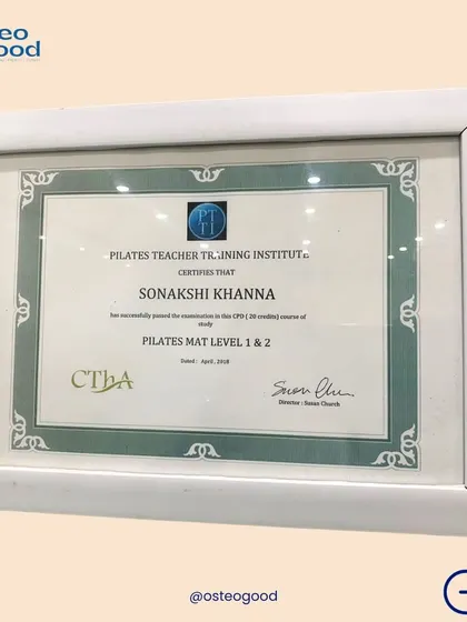 This certificate shows my qualification as a Pilates Mat Level 1 & 2 instructor. I integrate Pilates principles into my physiotherapy practice to improve core strength, flexibility, and body awareness.
