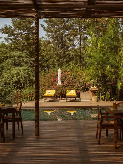 Another perspective from the pavilion, showcasing the inviting pool and the tranquil forest backdrop.