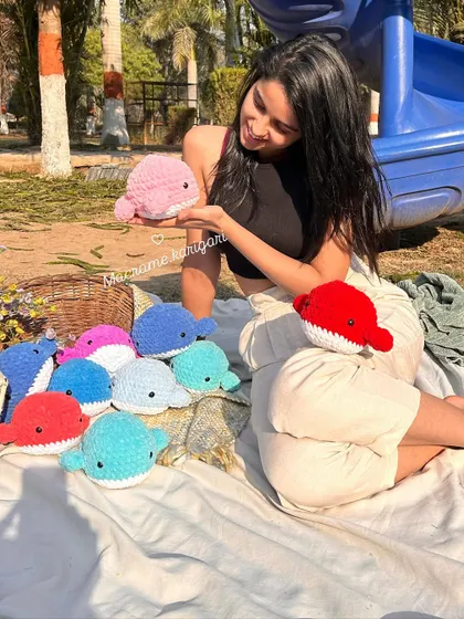 Having a fun day out with our pod of crochet whales. We make these in a variety of bright and pastel colors. They are made from soft yarn and are perfect for imaginative ocean-themed play.