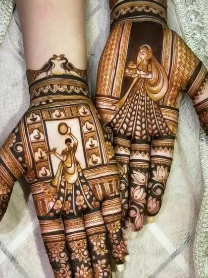 This design for Karwa Chauth shows a woman holding a thali and another with a sieve, capturing the essence of the festival.