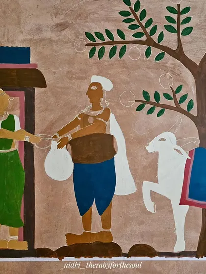 Another in-progress shot of the Cheriyal mural, showing the base colors applied before any of the fine details, patterns, or jewelry are added.