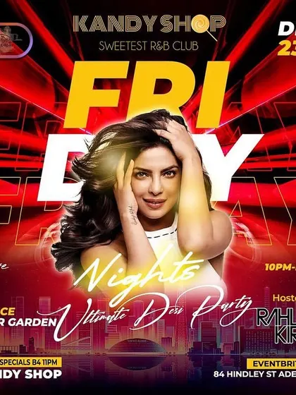 A vibrant poster for a 'Friday Nights' desi party at Kandy Shop. These weekly events are a cornerstone of my DJ residency in Adelaide.