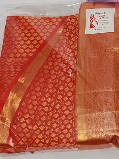Your saree, ready for your destination wedding. This pre-pleated and pressed red silk saree is carefully packed to travel without a single crease, making it easy to get ready for your big event.