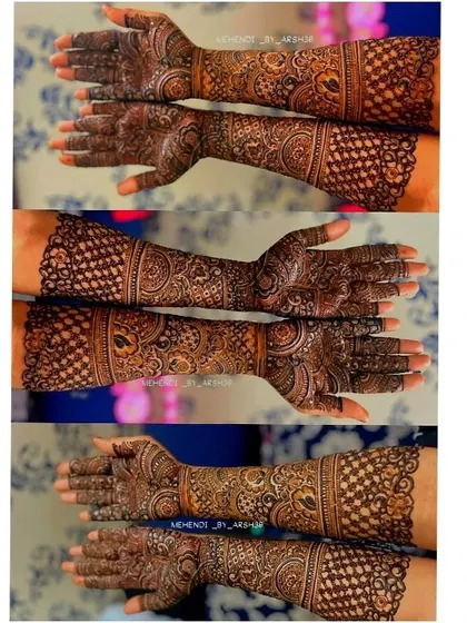 A collection of photos showing the progression and different parts of a full bridal henna design.