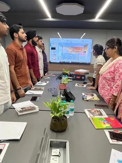 Interior design students during a guided tour at the Merino Experience Centre, exploring a wide range of laminates, solid surfaces, and other innovative materials.