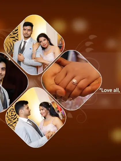 A four-photo collage designed for a wedding album, telling the story of the couple's engagement day.