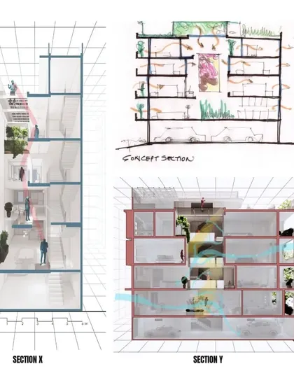 These sectional drawings of the Slender House illustrate the core concept of vertical connectivity. Staggered cut-outs and a central void ensure that light, air, and visual connections flow through all levels of the narrow home.