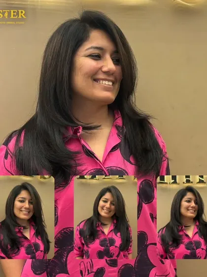 A collage showcasing a client's new haircut, a classic layered style that adds volume and shape.