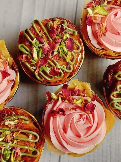 An overhead shot of the assorted Baklava Cupcakes, perfect for sharing during Eid celebrations.