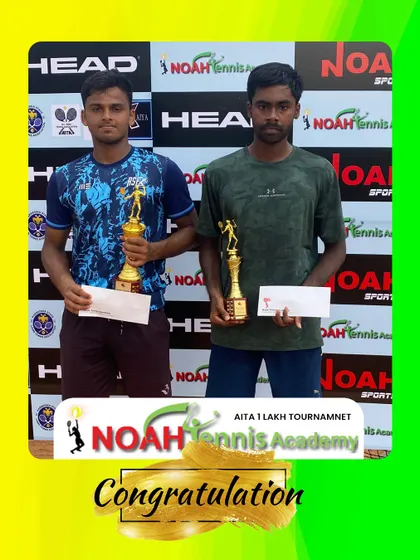 We host tournaments for all levels, including high-stakes competitions. Here are the winner and runner-up of our AITA 1 Lakh Prize Money Tournament, Dheeraj Kodancha S. and Kiruthik Kalyaan, two exceptional players.