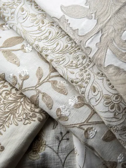 Another view of our European-inspired curtain fabric, highlighting the fine poly-viscose threads and hand-applied bullion fringe that adds texture, movement, and a flawless fall.