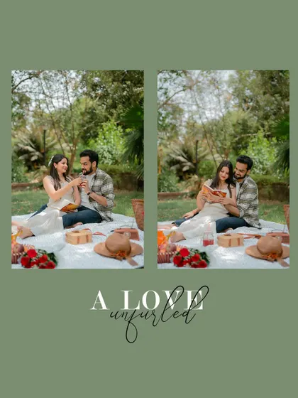 An artistic diptych from a picnic session, with a romantic "A Love Unfurled" text overlay.