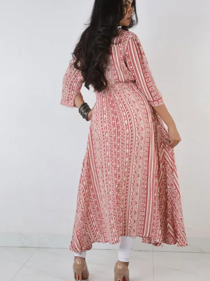 We also capture back-view shots to provide a 360-degree perspective of the apparel. This image highlights the pattern continuity and fit on the back of the dress, completing the set of essential photos for a comprehensive product page.