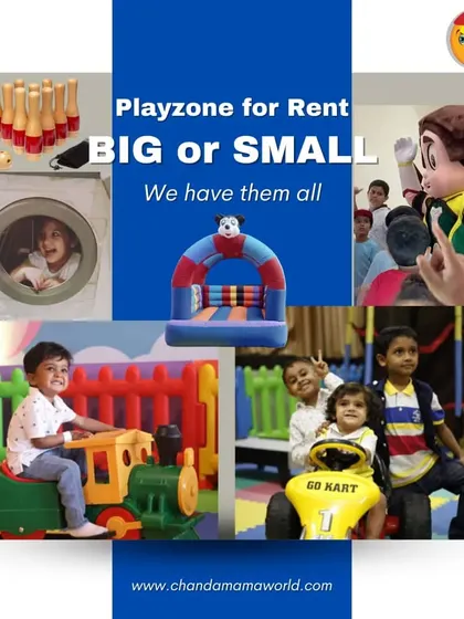 Big or small, I have them all. This collage shows the range of my offerings, from a small bouncy castle and a mini train to a large go-kart and even a Chhota Bheem mascot for your party.