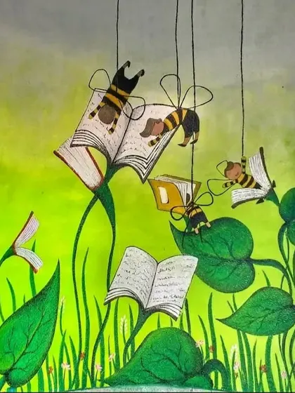 A closer look at the "Bees and Books" mural. The vibrant green background and detailed illustrations of the bees and open books create a playful and engaging scene that encourages curiosity and learning.