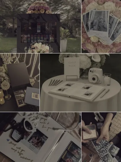 A glimpse into the details of a wedding setup. From the elegant guest book station to the beautifully arranged photo strips and the booth itself, every element is thoughtfully curated to enhance your celebration.