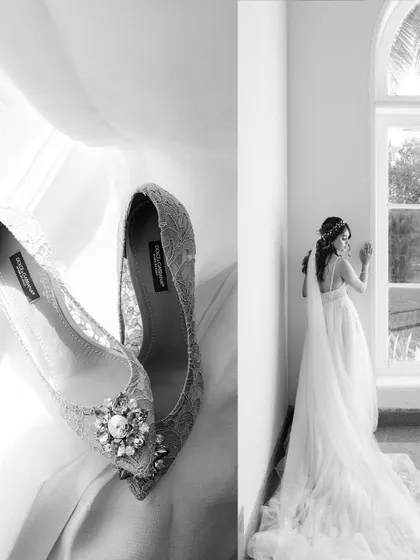 A black and white detail shot of the bride's Dolce & Gabbana lace shoes, paired with a soft-focus shot of her by the window.