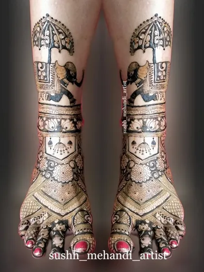 Bridal mehandi for the feet is just as important. I love creating grand designs with traditional motifs like royal elephants and umbrellas, ensuring your complete bridal look is perfect from head to toe.