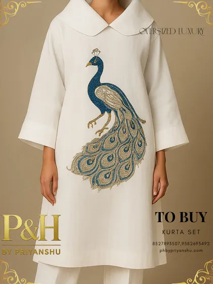 A close-up of the white kurta, providing a detailed look at the stunning blue and gold hand-embroidery of the peacock, a true centerpiece of the garment.