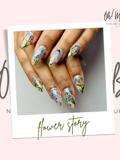 Petals, polish, and a little bit of magic. This artistic set features beautifully detailed, hand-painted bluebells on a neutral, textured base.