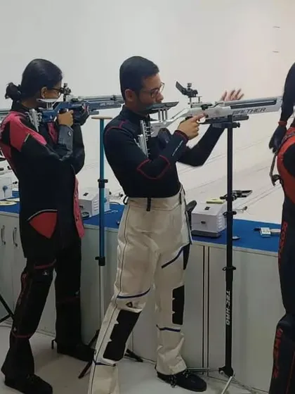 A line of our rifle shooters during a training session at the Delhi branch, each focused on their own target.
