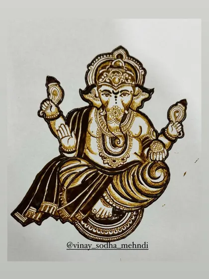 A classic, seated Ganpati figure drawn on paper. This is a foundational design that every professional mehndi artist should master.
