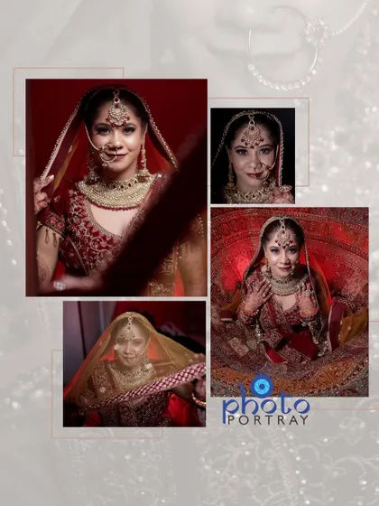 A modern album layout showcasing four different bridal portraits, including a stunning shot of the bride's lehenga twirl.