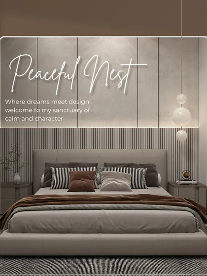A peaceful nest. This bedroom uses a calm, neutral color palette, clean lines, and soft, ambient lighting to create a sanctuary of calm and character. The hanging pendant lights add a modern, asymmetrical touch.